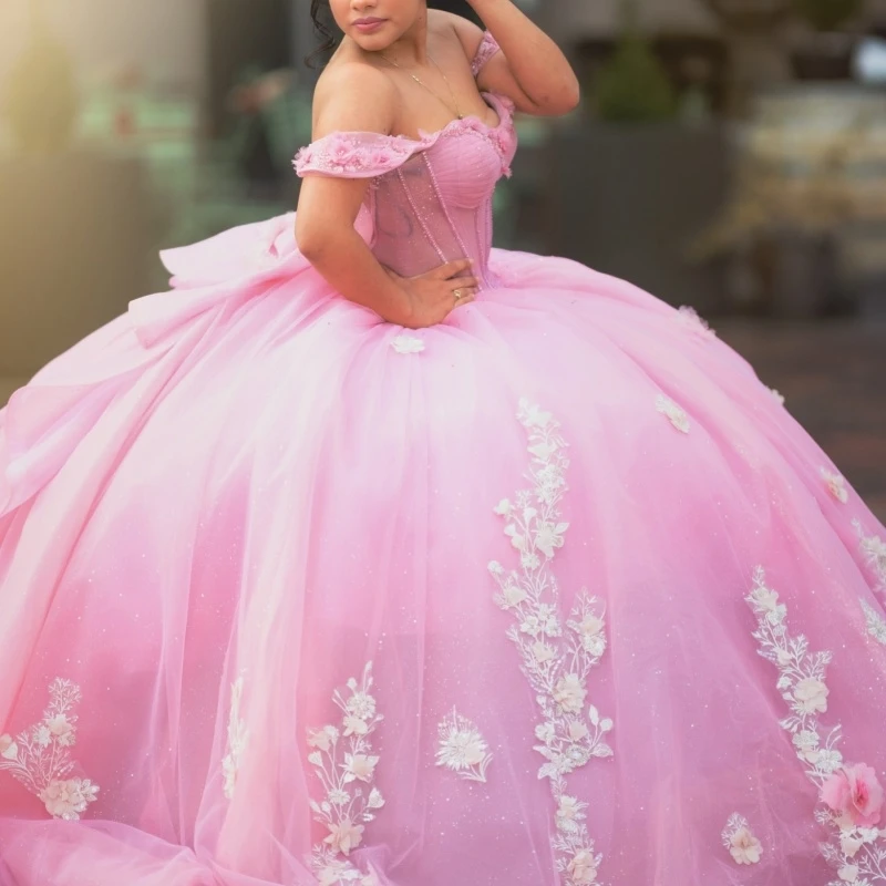 Pink Shiny Quinceanera Dresses Off Shoulder Ball Gown Sweet 16 Dress Applique Flower Beads Bow Tull Corset Birthday Party Vestidos 15 Anos