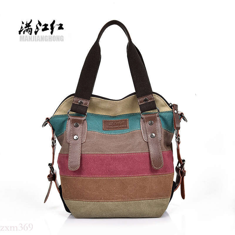 2024 New Canvas Handbag Women Rainbow Stitching Large Capacity Crossbody Shoulder Bag