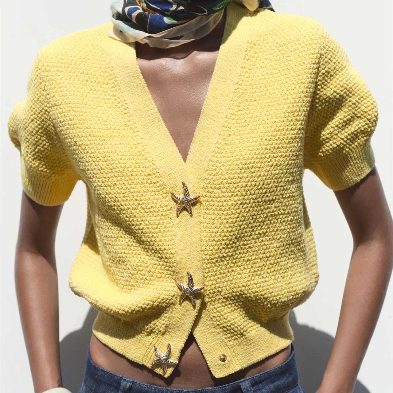 Womens Lightweight Knit Cardigan Solid Color Short Sleeve Front Starfish Button Down Loose Tops for Spring Autumn Streetwear X250724
