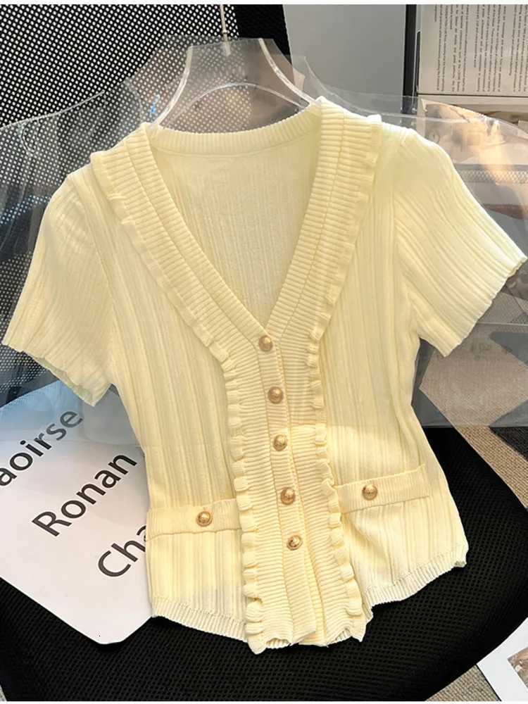 Summer New V-neck Ruffles Knitted Cardigan Womens Chic Thin Slim Short Sleeve Sweater Elastic Knitwear Tops 2025 Ladies Jumpers X250724