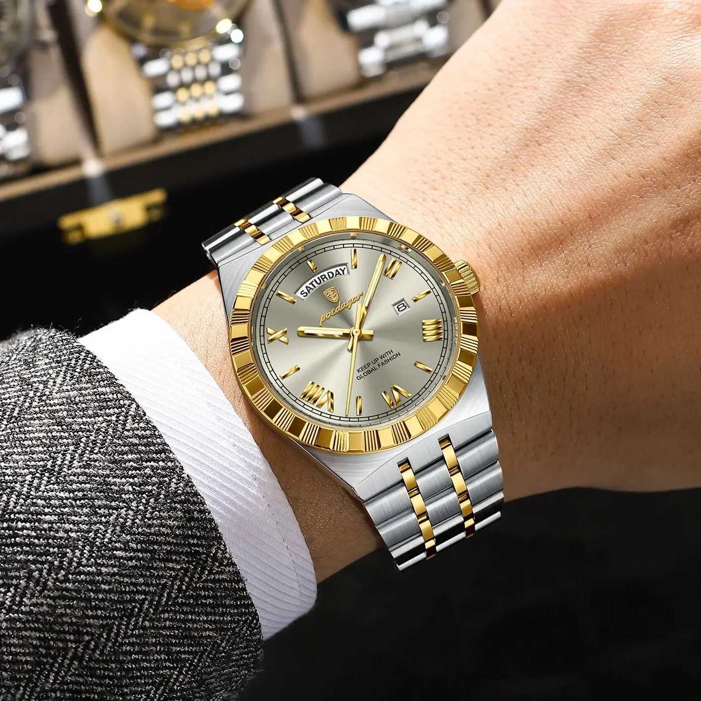 POEDAGAR Luxury Business Man Watch Week Date Waterproof Luminous Watches For Men Stainless Steel Quartz Mens Fashion Wristwatch W250724