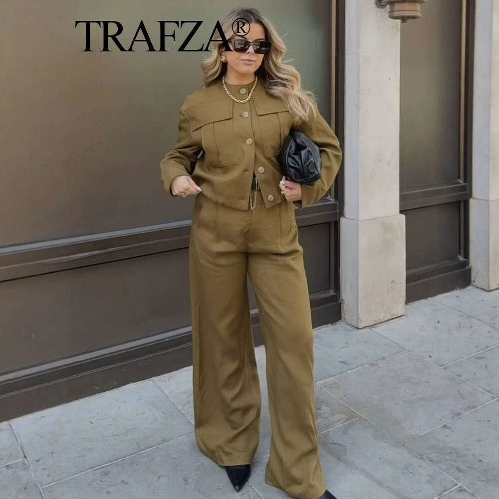 TRAFZA Women's Spring New Style Three-Dimensional Pocket Decor Pilot Jacket High-Waisted Straight-Leg Pants Set B5