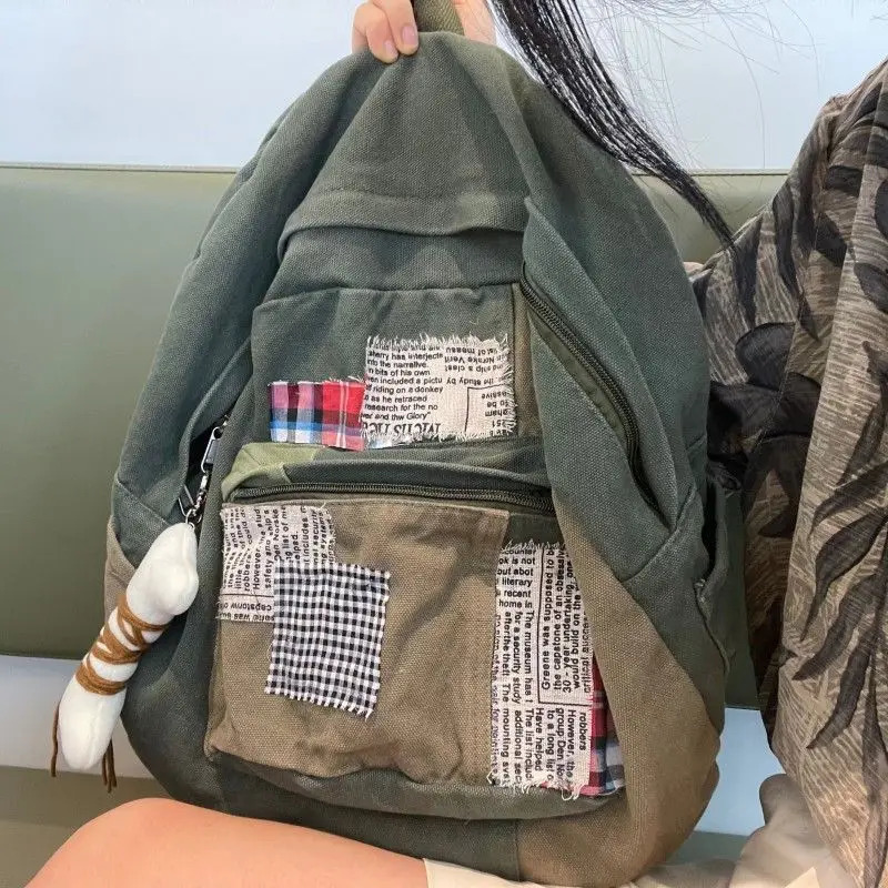 Patchwork Vintage Y2k Aesthetic Canvas Bags Grunge Simple Japanese Students Backpacks Women All Match Trendy Pendant Schoolbags 250723