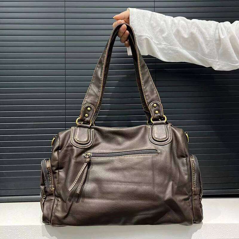 HAEX Women's Punk Biker Tote Bag Large Capacity PU Leather Crossbody Purse With Multi Pockets For Work Commute Moto Style
