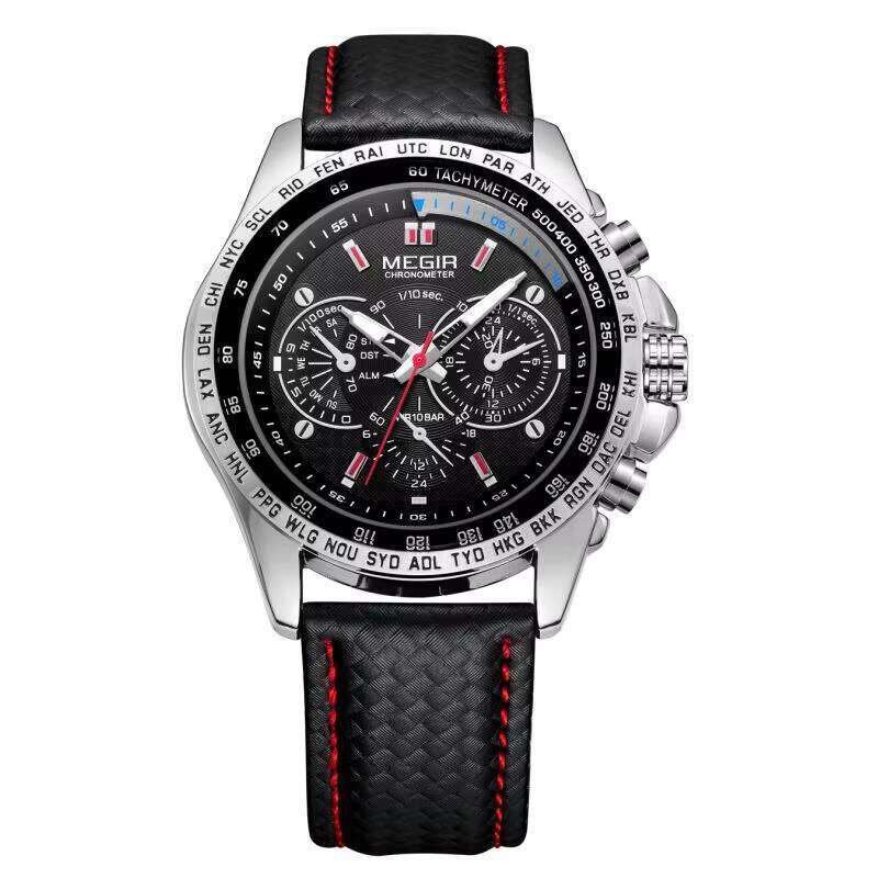 DHwatches MEGIR Men's Sports Watch - 30M Waterproof, Luminous, 6-Hand Design, Leather Strap, Quartz Wristwatch for Active Men
