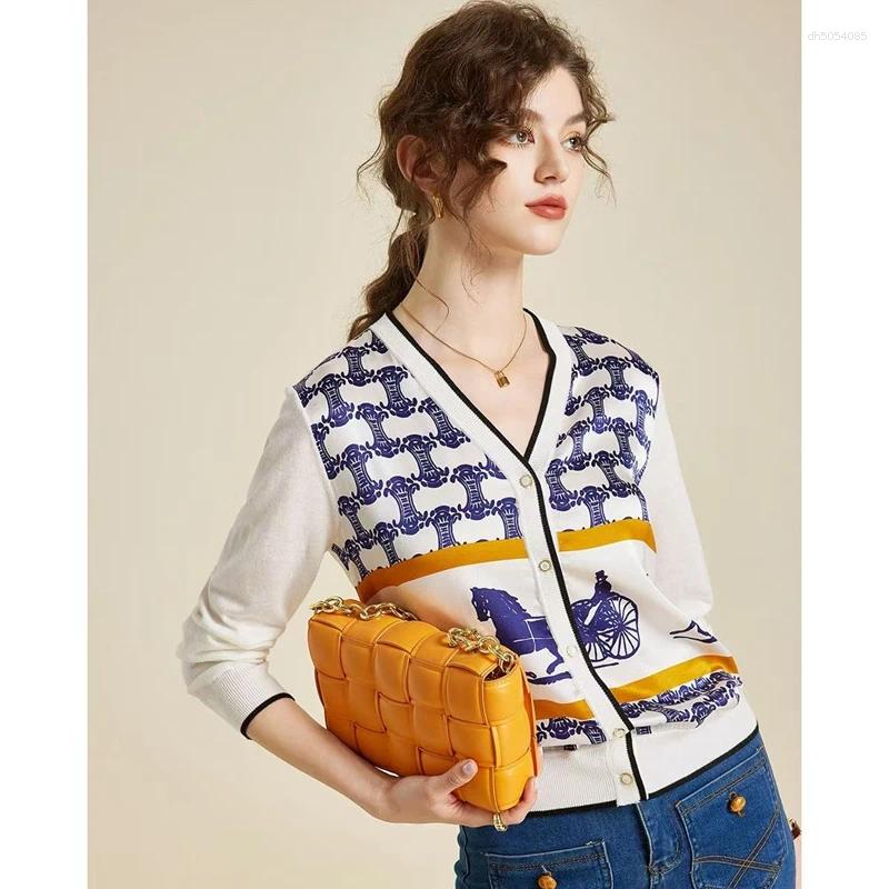 Women's Blouses Spring And Autumn Woven Wool Cardigan V-neck Color Matching Sweater Thin Loose Silk Printed Long Sleeve Knitted Jack