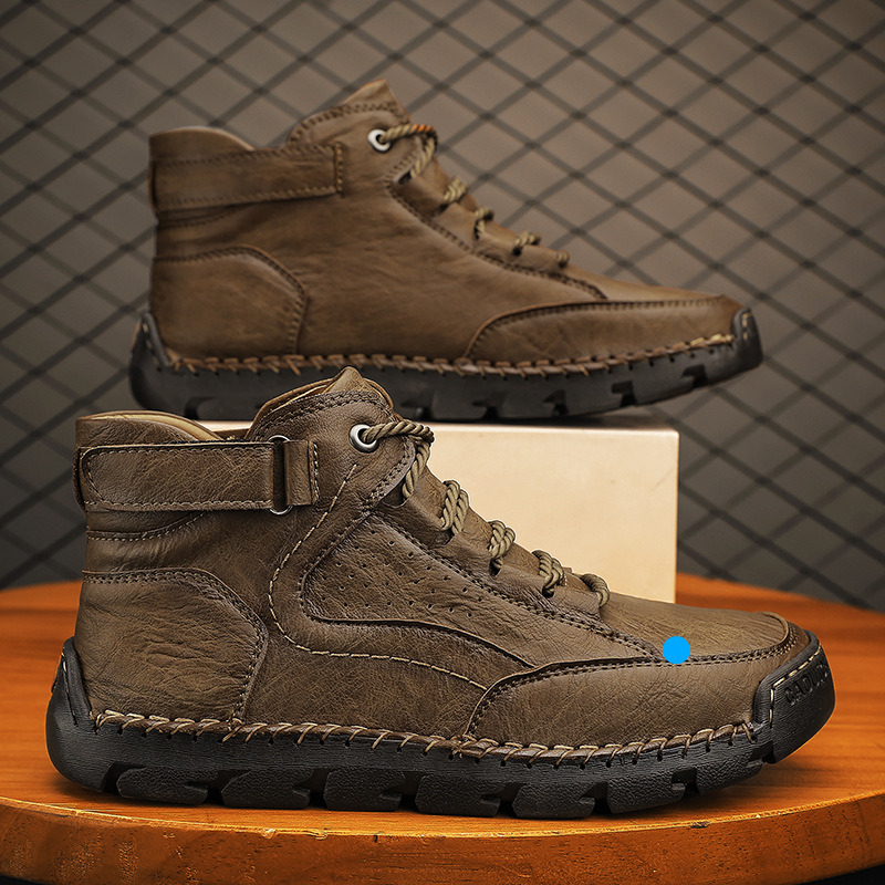 Plus Size Leather Men's Fashion Hand-stitched Ankle Boots Flat Lace-up Casual Shoes