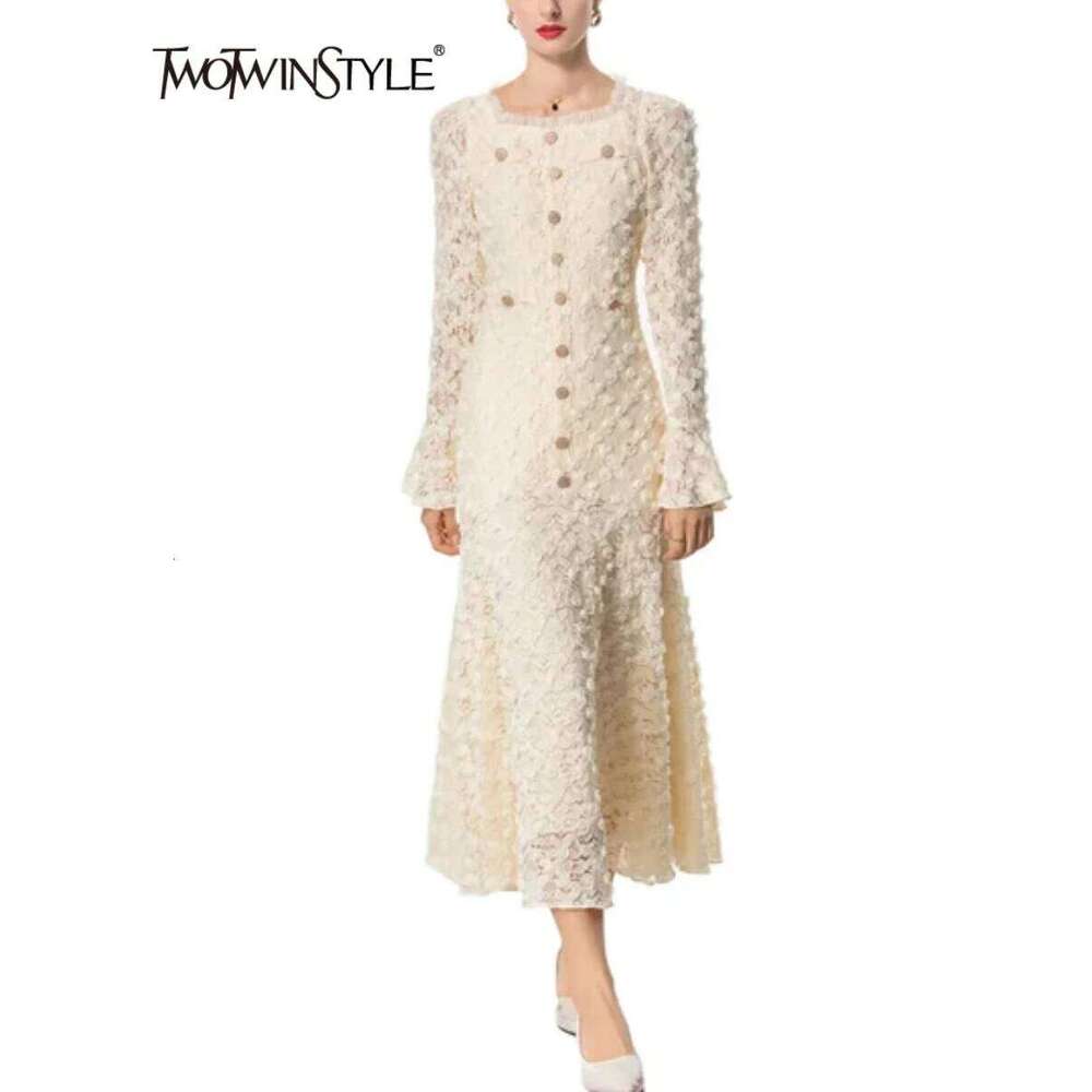 TWOTWINSTYLE Solid Slimming Spliced Appliques Dresses For Women Round Neck Long Sleeves Patchwork Single Breasted Dress Female