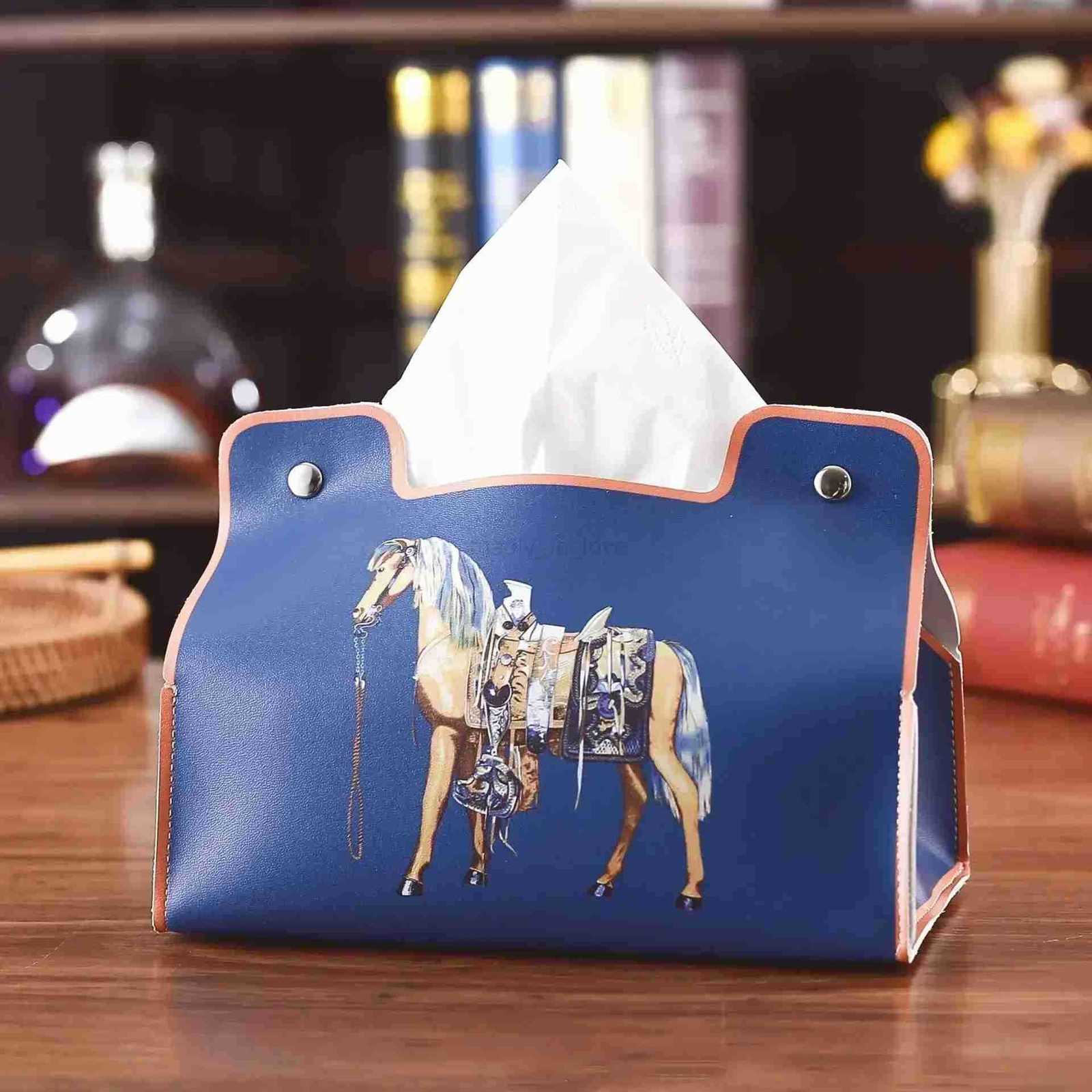 Multifunctional Car Vintage PU Leather Tissue Holder Retro Style Desktop Napkin Dispenser with Cosmetic Storage Organizer M250724