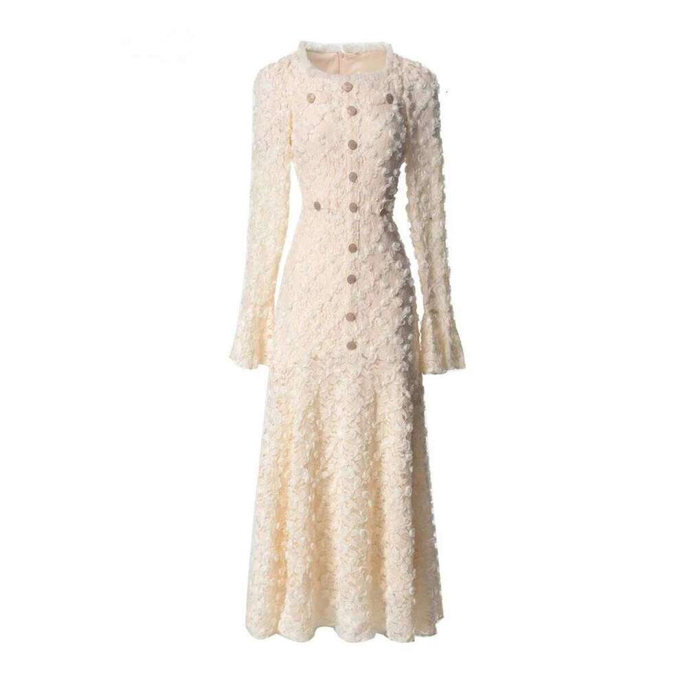 TWOTWINSTYLE Solid Slimming Spliced Appliques Dresses For Women Round Neck Long Sleeves Patchwork Single Breasted Dress Female