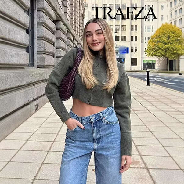 TRAFZAINS Autumn Women's Fashionable Elegant Buttoned Knitted Cardigan Sweater Short Coat B5