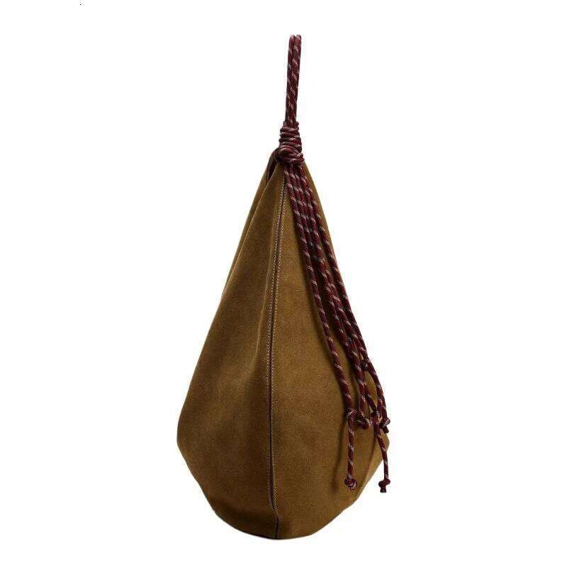 Split Leather Shoulder With Cord Strap High Quality Dark Tan Faux Suede Bucket Women Large Capacity Casual Crossbody Bag