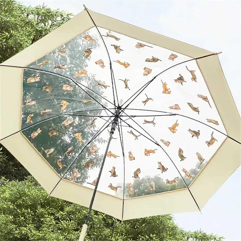 Cartoon Ins Style Trifold Transparent Umbrella Folding Simple Sunshade Funny Cat Rain Gear Parasol for Women Kids Umbrellas R250724