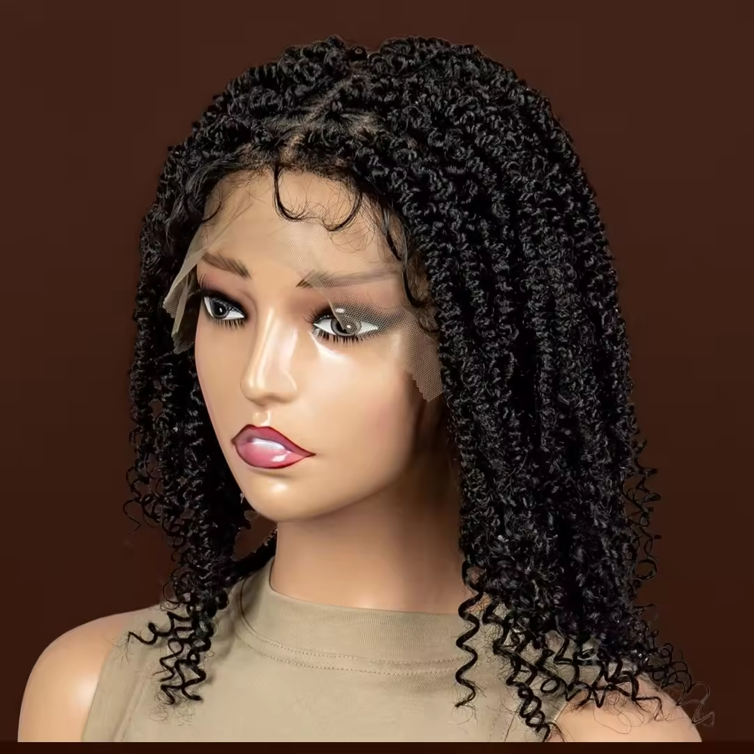 10 Inch Braids Wig Omber Blonde Look Like Human Bohemian Boho Wigs Braided Full Lace Front Wig Short Twist Braids Wig with Baby Hair Handmade Kinky Cu