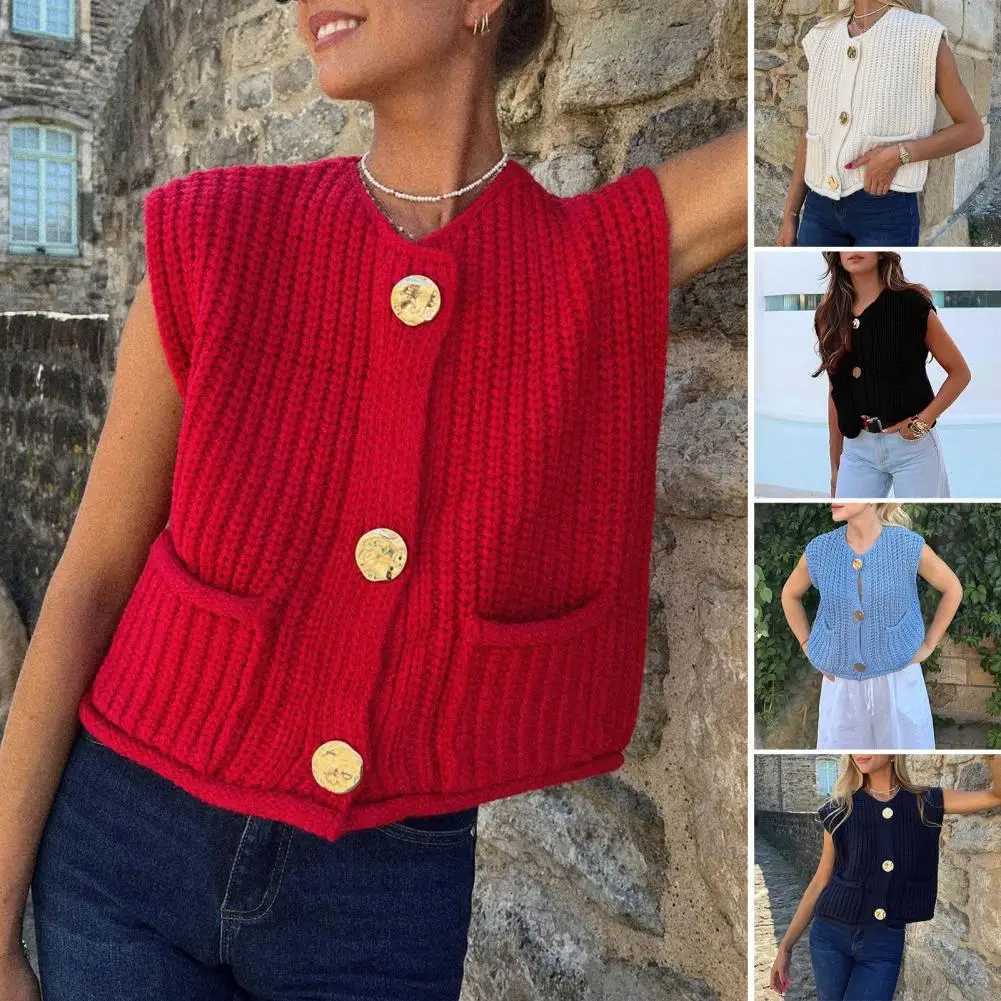 Knit Vests For Women Vintage Solid Metal Buttons Sweater With Pockets O Neck Sleeveless Waistcoat Crop Top Vest Cardigan X250724