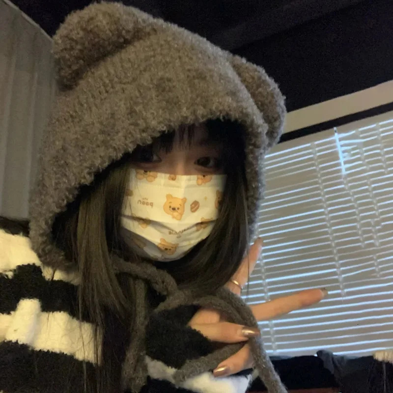 Cute Bear Ear Wool Hat Autumn and Winter Warm Versatile Lace-up Ear Protection Knitted Bomber Cap Bonnets for Women Gorros 250722