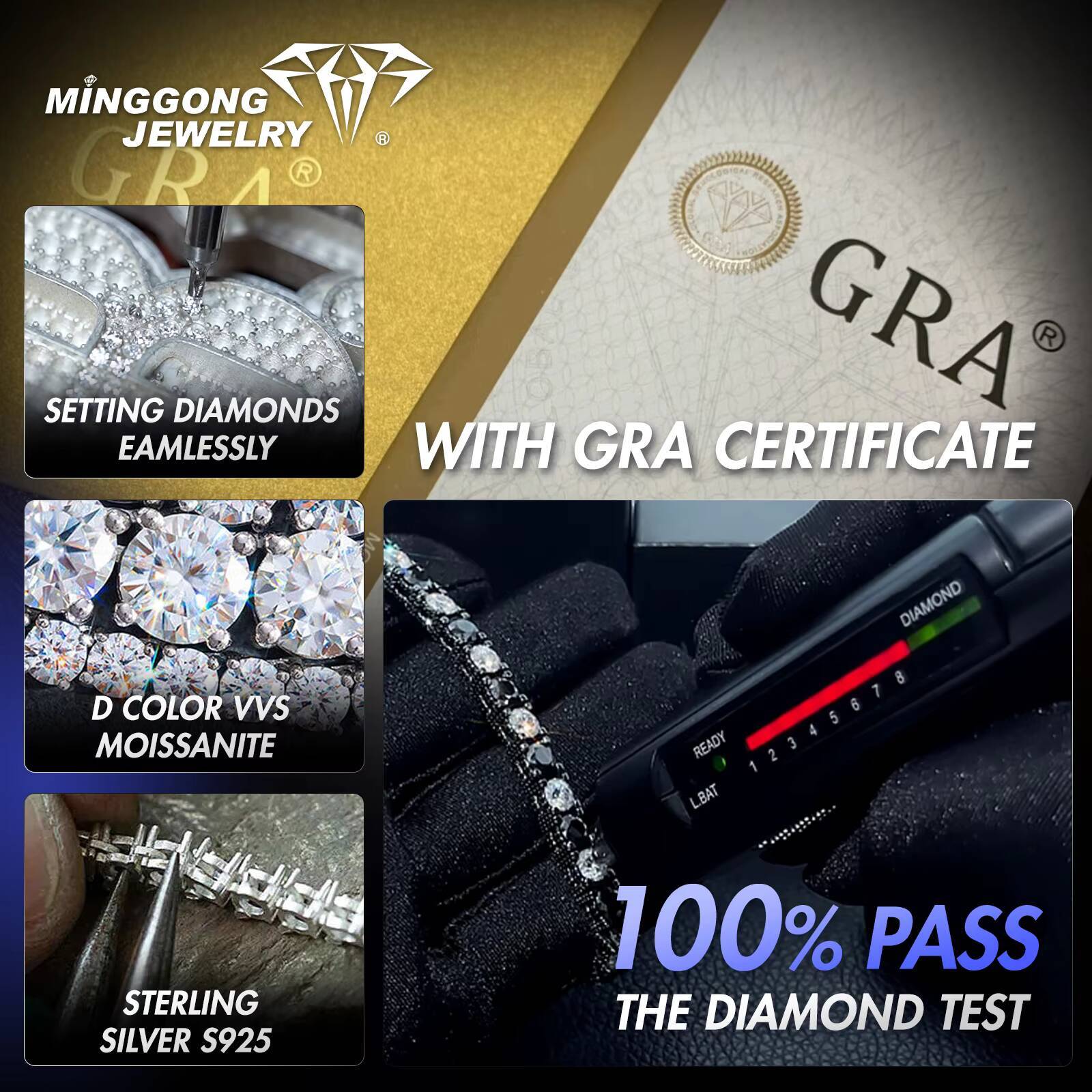 High Quality 925 Blue Moissanite Diamond Tennis Chain Hip Hop Style Necklace Factory Direct 100% Diamond Test Passed Product