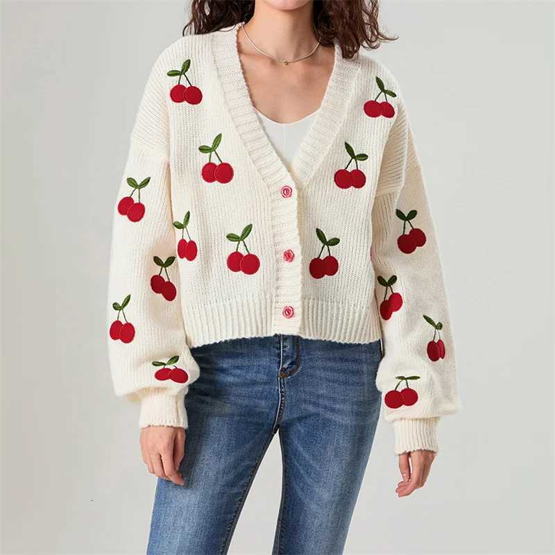 2024 Winter Fashion Patchwork Long Sleeve Short Cardigan Women Y2K Embroidery Cherry Cardigan Street Casual Knitwear Sweater X250724