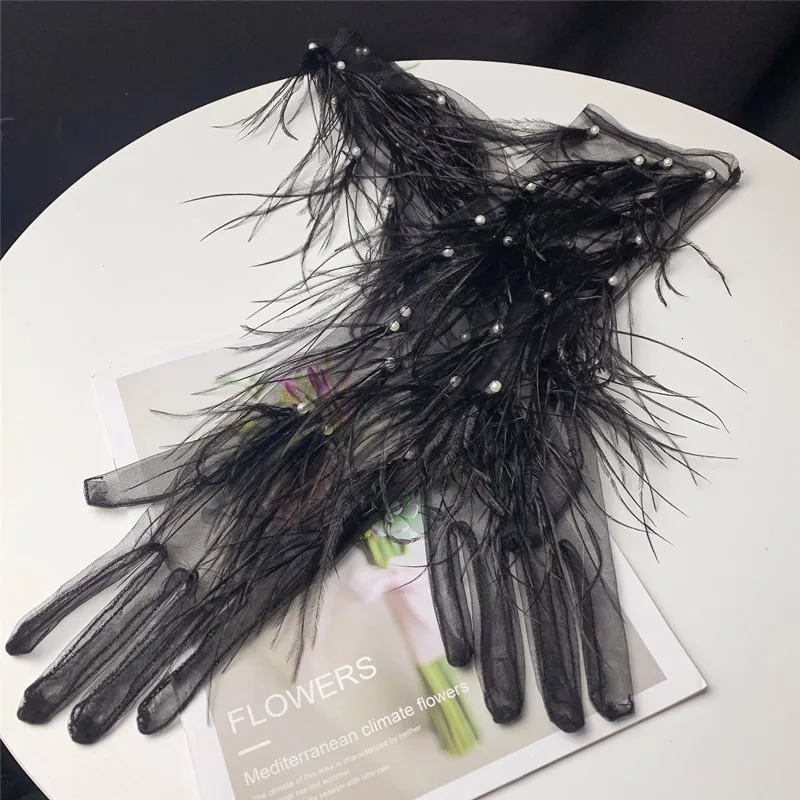 Womens Elegant Black Feather Long Mesh Glove Female Spring Summer Vintage Sunscreen Driving Pograph Party Glove R2126 250722