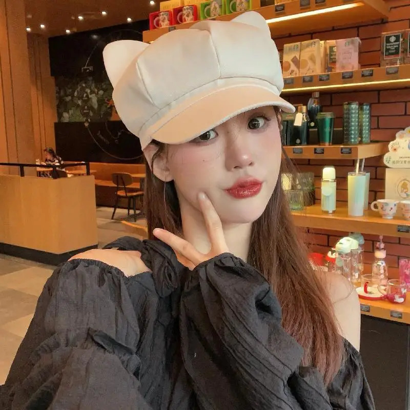 Beret Women Cute Cat Ear Sweet Octagonal Hats For Women sboy Cap Painter Hat Korean Style Solid Color Black 250723