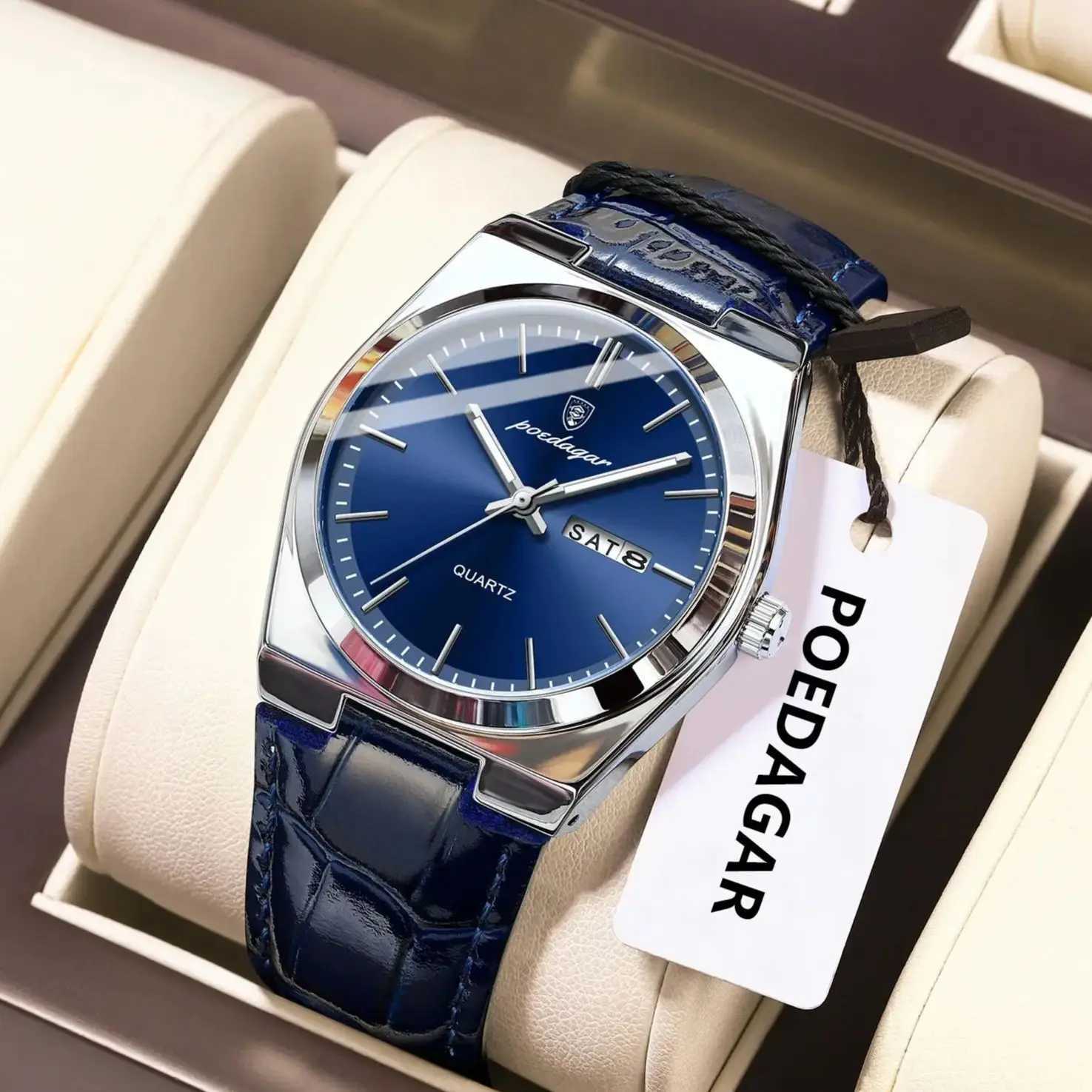 POEDAGAR Luxury Trendy Man Wristwatch Waterproof Luminous Date Week Men Watch Simple Business Quartz Leather Mens Watches Reloj W250724