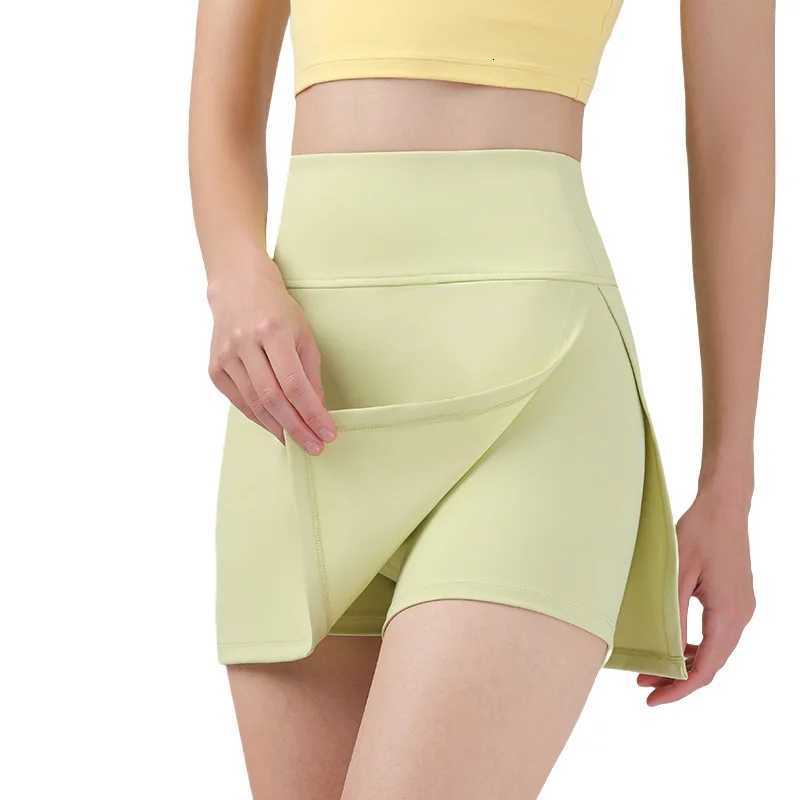 Summer Solid Color Women Yoga Fake Two Pieces Anti-emptied Running Skirt Sports Fitness Gym Skin-friendly Elastic Tennis Skirt XJ250724