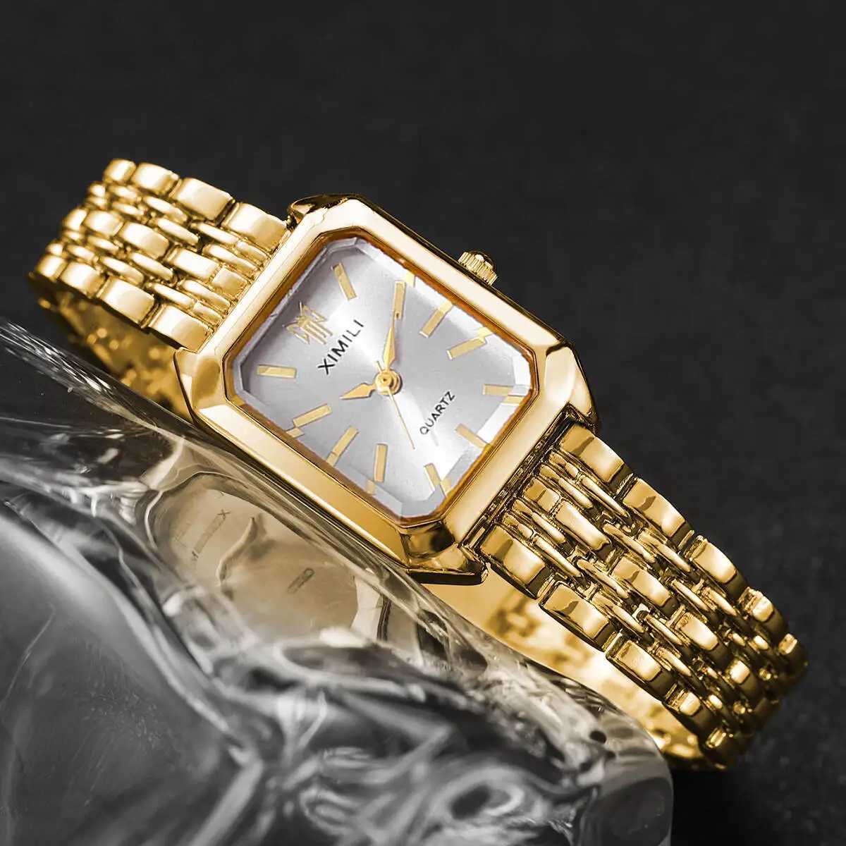 4PCS Fashion Rectangle Women Watches Luxury Stainless Steel Band Ladies Quartz Watch Rhinestone Bracelets Set Womens Watch W250724