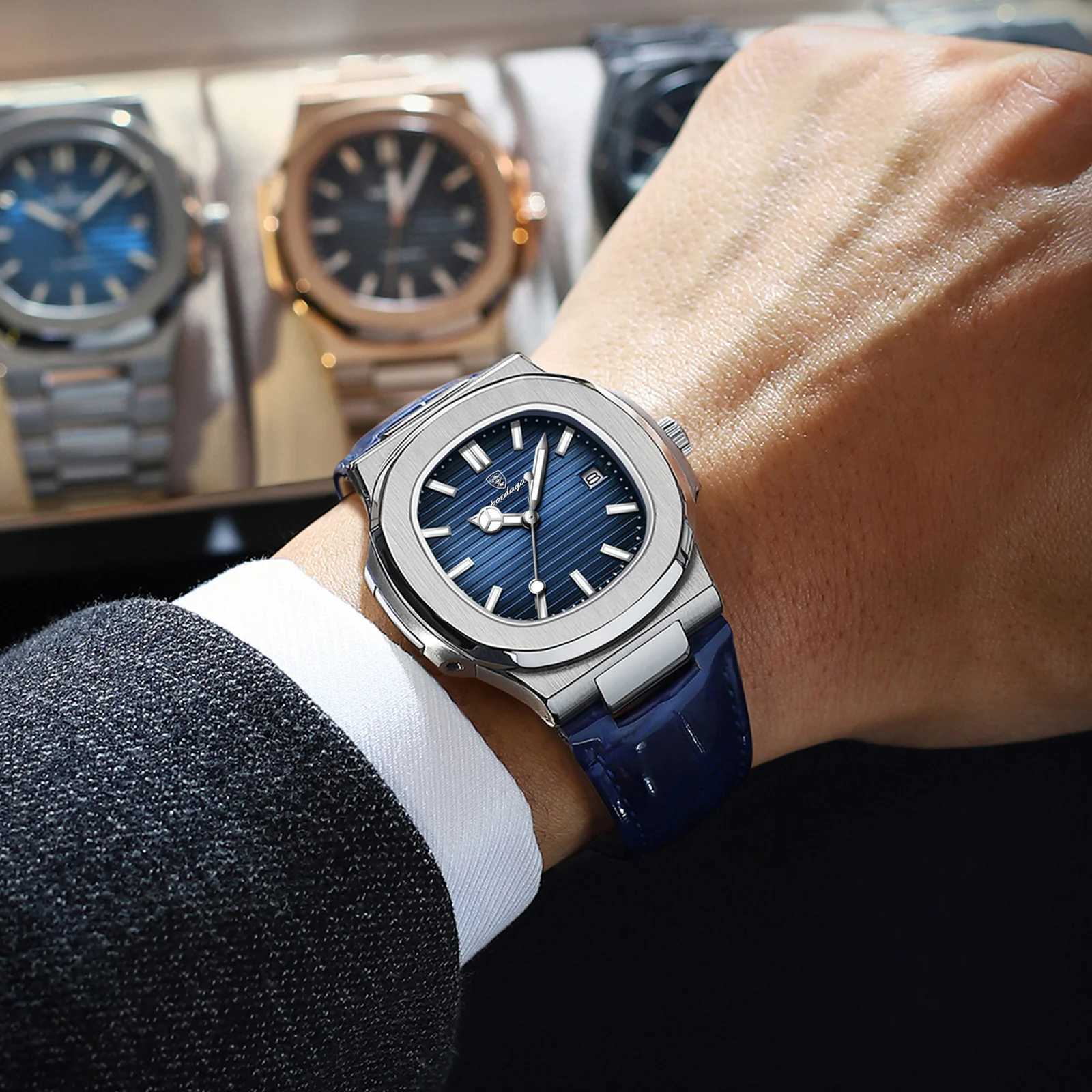 POEDAGAR Luxury Brand Square Watches For Man Waterproof Luminous Date Quartz Mens Watches High Quality Leather Sports Men Watch W250724