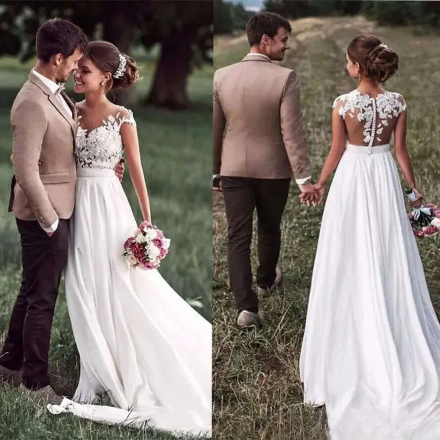 Capped Dresses A 2025 Chiffon Newest E Sleeves Covered Buttons Illusion Lace Applique Country Wedding Bride Gown Vestido De Novia Pplique pplique
