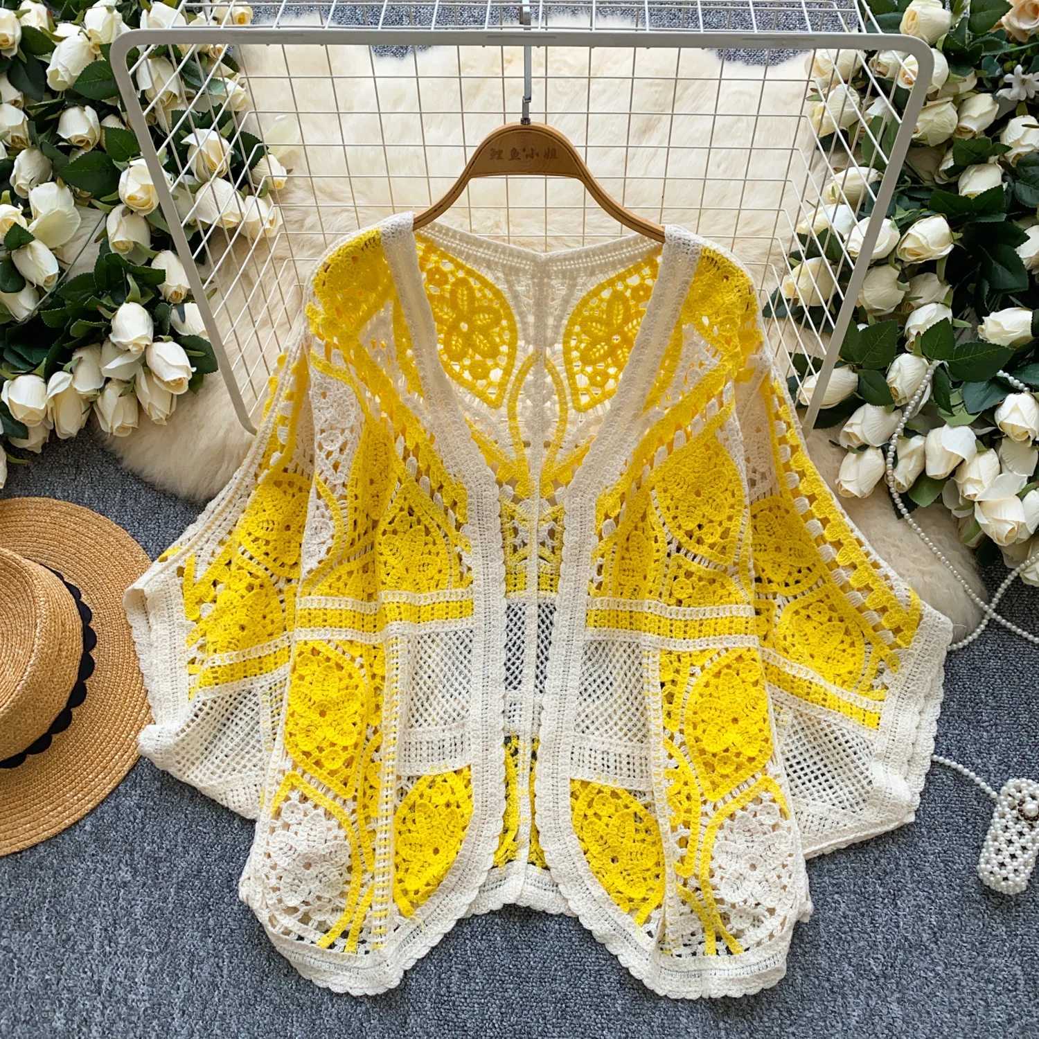 Chicy vintage Hook flower hollow loose Knit Elegant Fashion Sexy cardigan Shirt High Stretch Summer Women Blouse Women X250724