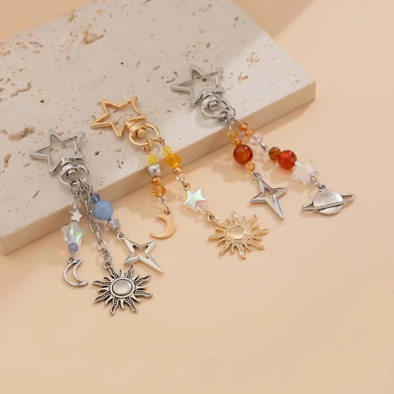 3Pcs/set Punk Stars Moon Sun Pendant Bag Keychain for Women Men Boho Colorful Beads Key Ring Bag Chain Y2K Jewelry Gift 250722