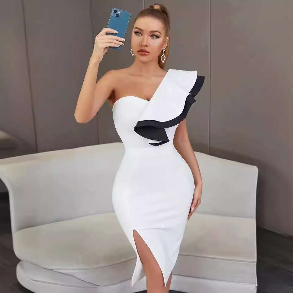 White Skirt Maxi Skirt Style Color Block Ruffle Asymmetric Shoulder Bodycon Split Bandage Dress Long Skirt