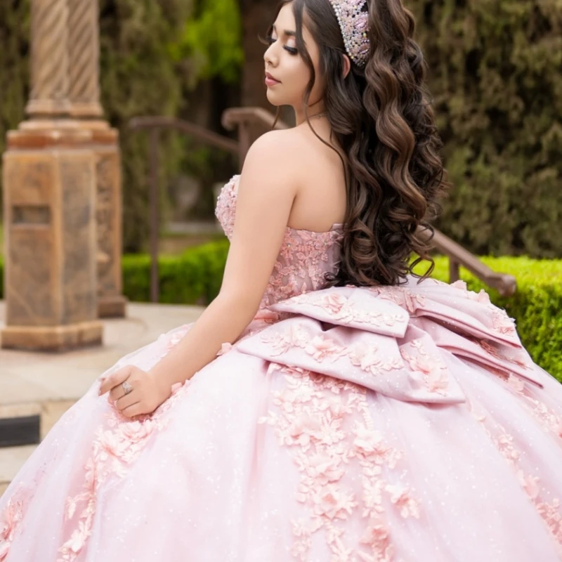 Pink Shiny Quinceanera Dresses Off Shoulder Ball Gown Sweet 16 Dress Applique Flower Beads Bow Tull Birthday Party Vestidos 15 De Anos