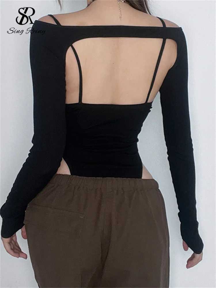 SINGREINY Sexuality Gauze Spliced Skinny Rompers Fashion Long Sleeve Female Bodysuits Ladies Streetwear Sheer Backless Playsuits W250724
