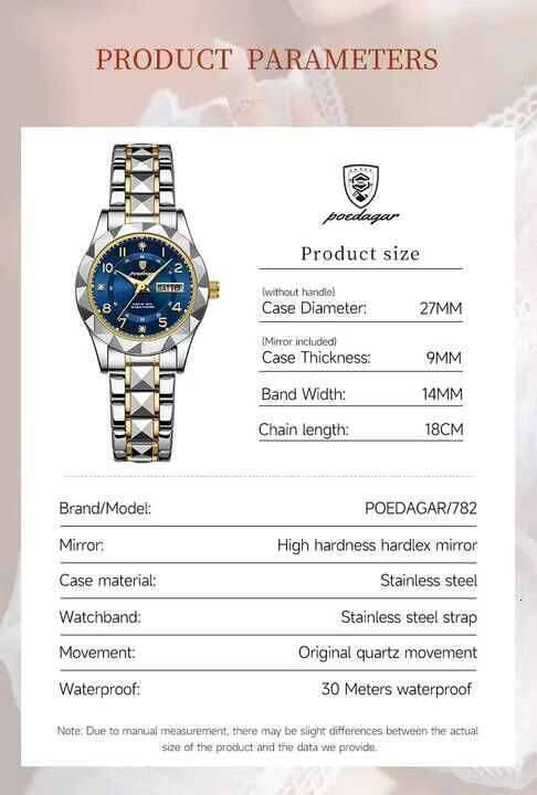 DHwatches POEDAGAR Ladies Dress Watch Luminous Waterproof Week Date Woman Wristwatch Stainless Steel Women Quartz Watches