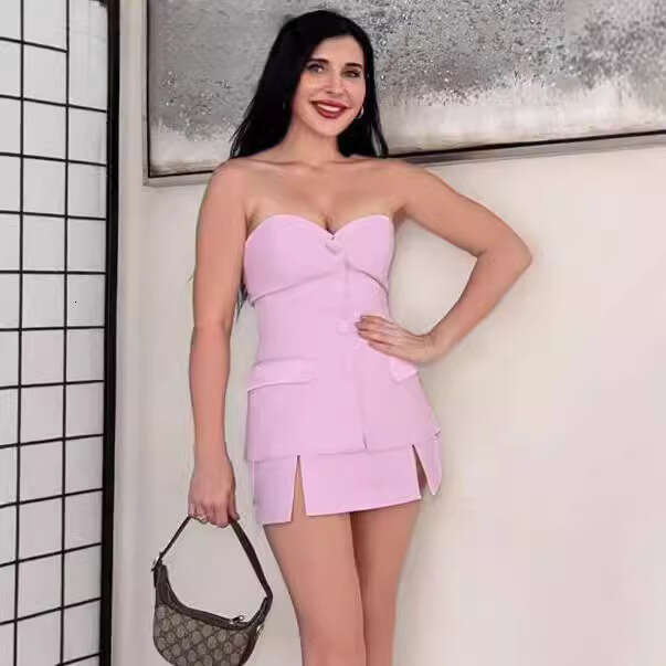 Women's Silk Satin Patchwork Tight Top And Cargo Split Skirt Pants Set B5