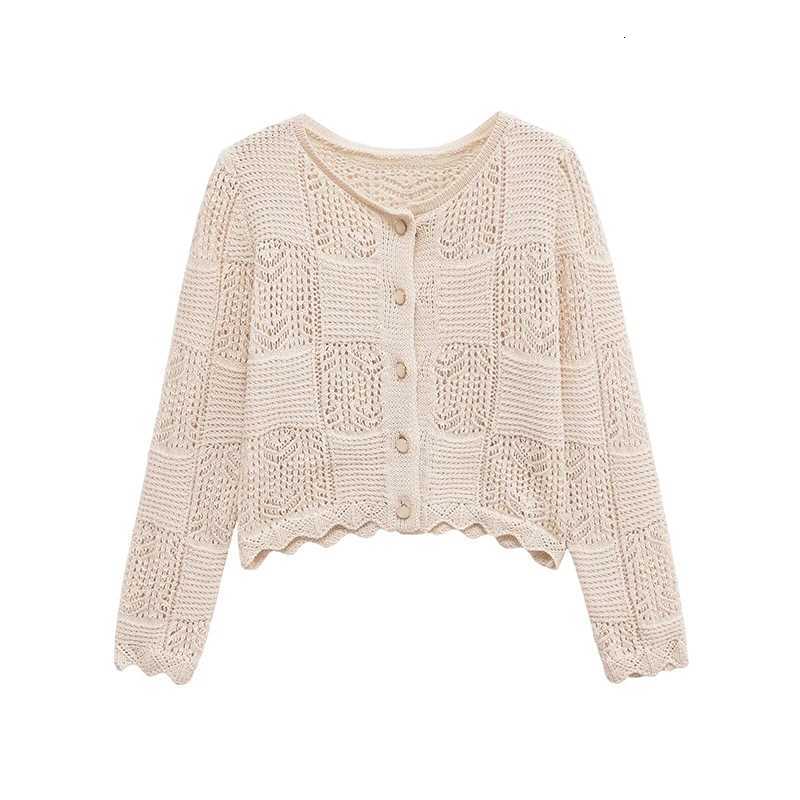YENKYE New Autumn Women Front Button Round Neck Long Sleeve Pointelle Knit Cardigan Casual Short Outerwear X250724