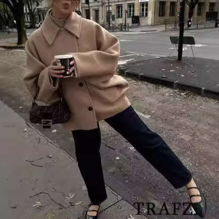 Autumn Winter New Women's Wool With Turn-Down Collar Loose Shearling Coat B5