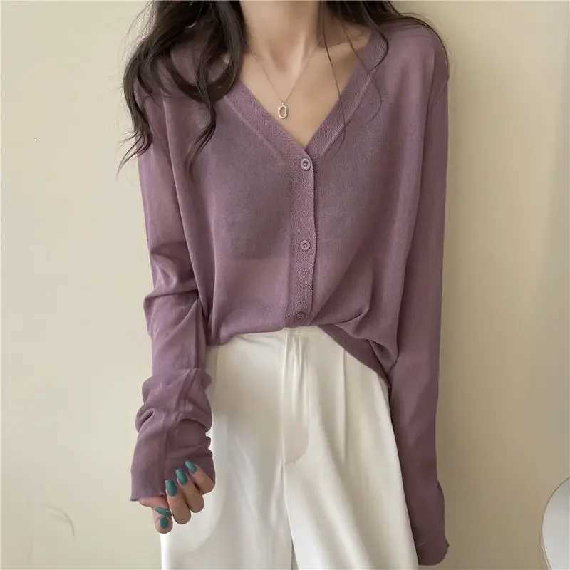 2024 Korean Simple Style Comfortable Ice Silk Thin Knitwears Solid V Neck Long Sleeve Slim Fit Button Cardigan X250724