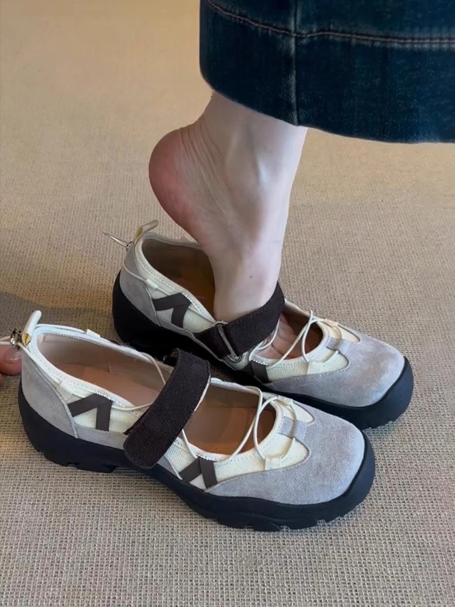 Cowhide Version ~ Thick-Soled Color-Block Sports Velcro Mary Jane for Women Genuine Leather Versatile Functional Style Single Shoes ddmythur
