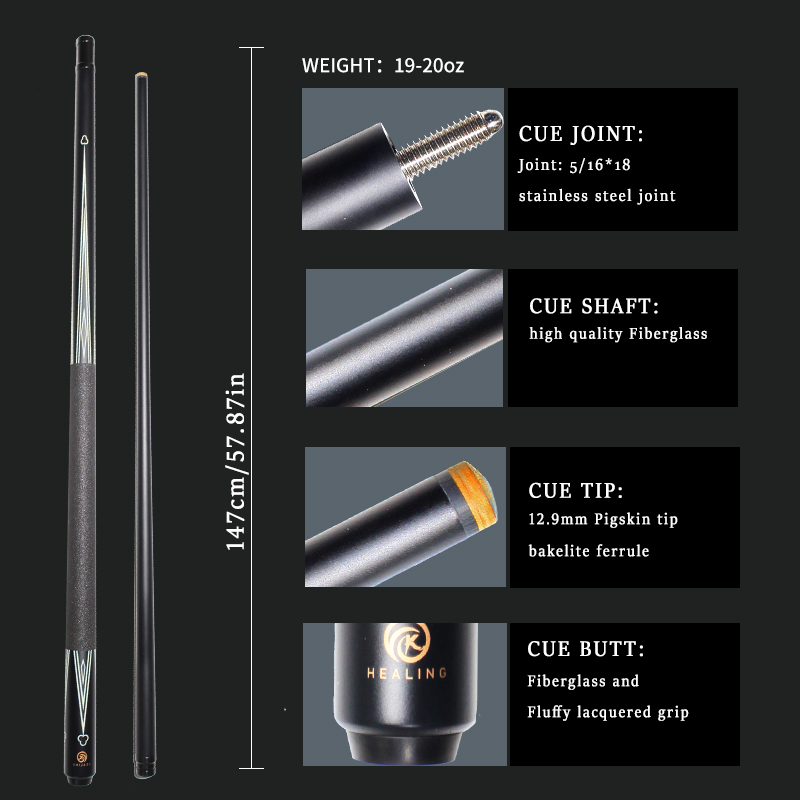 OKHEALING 1/2 Split Pool Cue Billiard Stick Black Glass Fiber Billiard Cue 12.9mm Black Pigskin Tip 5/16*18 Joint 1474mm/58inch Total Length 19-20oz W