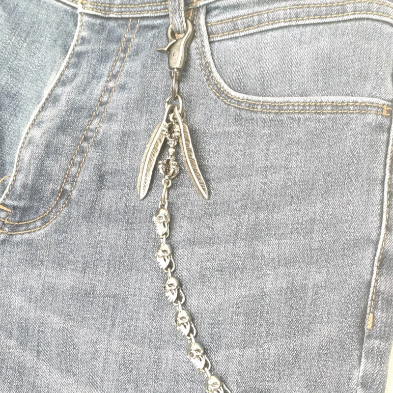 Male Skull Pants Chain Silvery Feather Metal Ones Waist Fashion luxurious y2k Jin Gangchu Key Chain Hip Hop Punk Accessories 250722