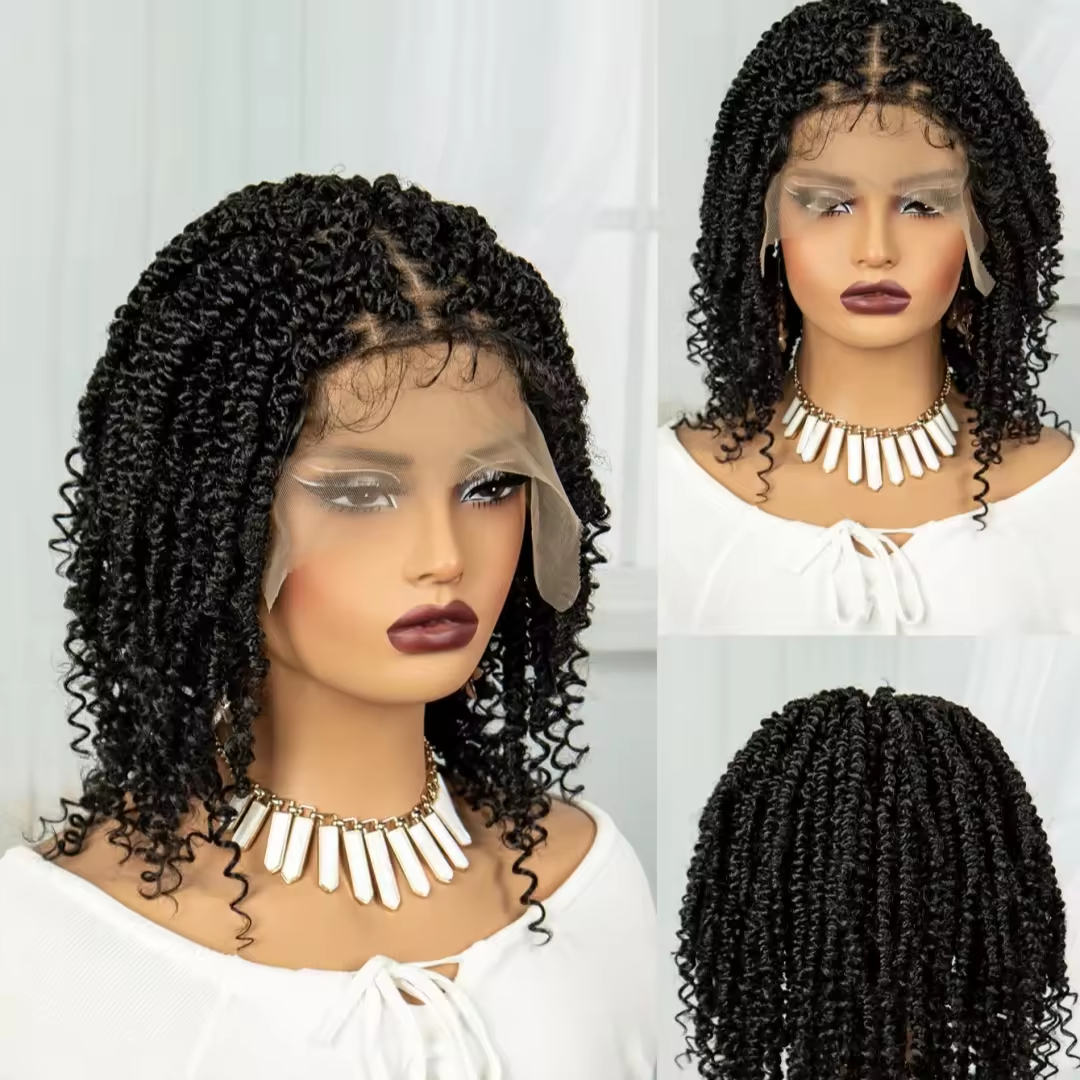 10 Inch Braids Wig Omber Blonde Look Like Human Bohemian Boho Wigs Braided Full Lace Front Wig Short Twist Braids Wig with Baby Hair Handmade Kinky Cu