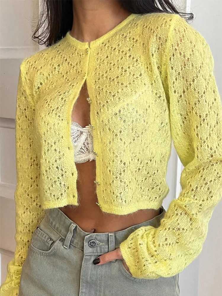 Trendix Summer Hollow Knit Cardigan Women Slim Long Sleeve Patchwork Button Short Top Vacation Party Beach Knitwear Tops Female X250724