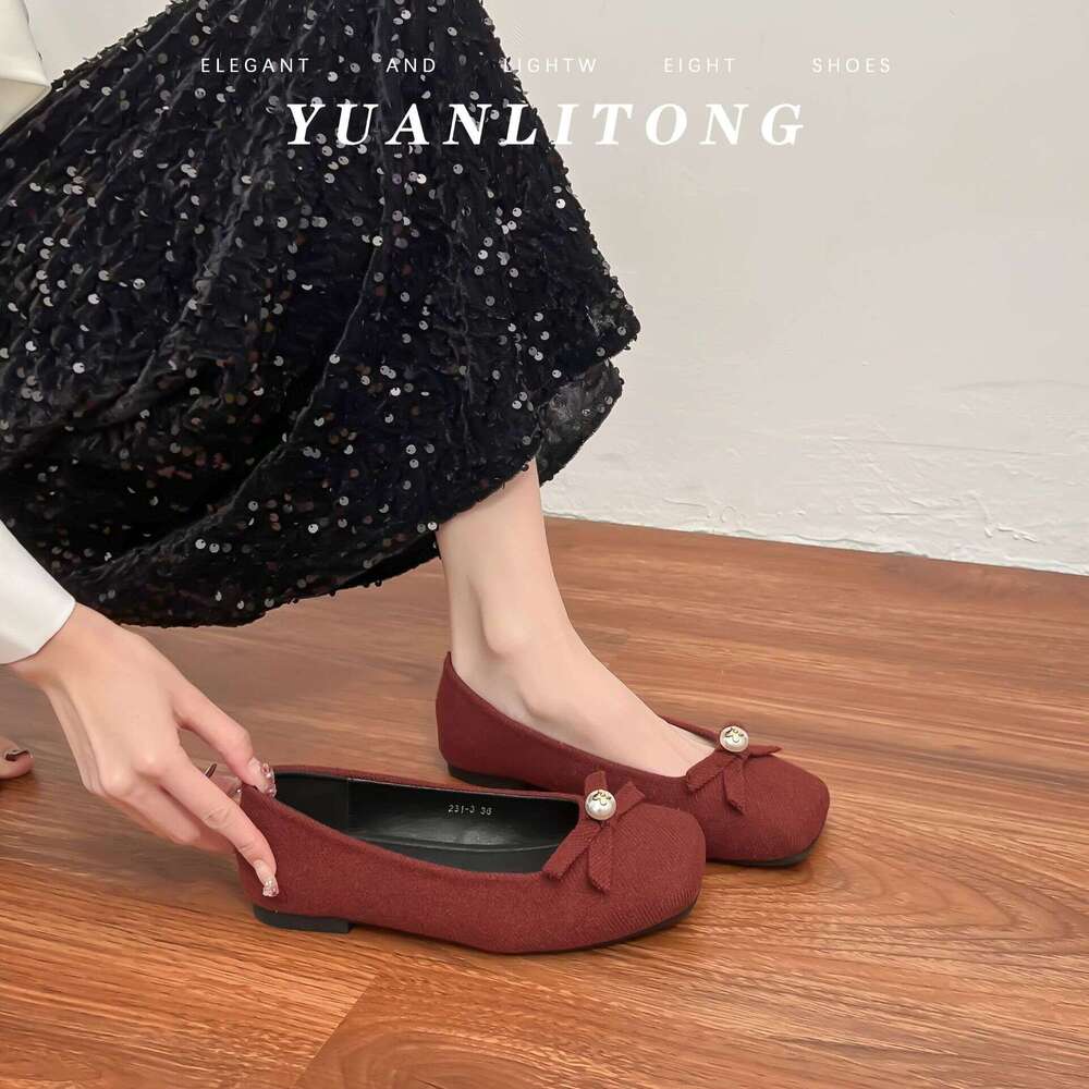 Grape Shallow Mouth Single for Women Fashion Bow Comfortable Soft Sole Mom Versatile Artistic Style Plain Women's Shoes