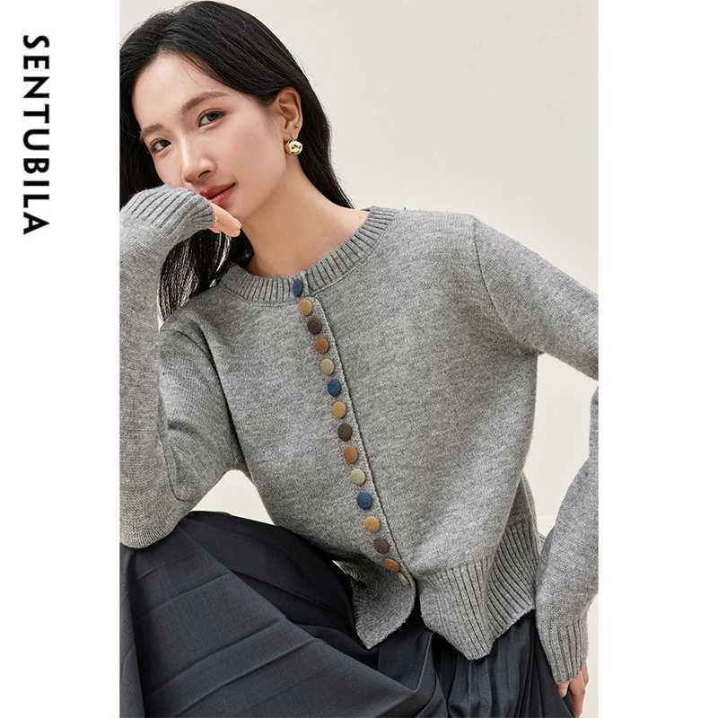 SENTUBILA Preppy Style Spliced Cardigan for Women Casual Chic Button O Neck Short Knitted Sweater 2025 Spring New W51E58709 X250724