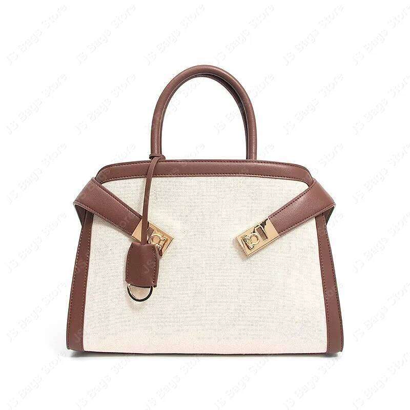 Spacious Brown Leather With White Canvas Satchel Handbag Women Shoulder Bags Crossbody Tote Ladies Messenger Bag Briefcase