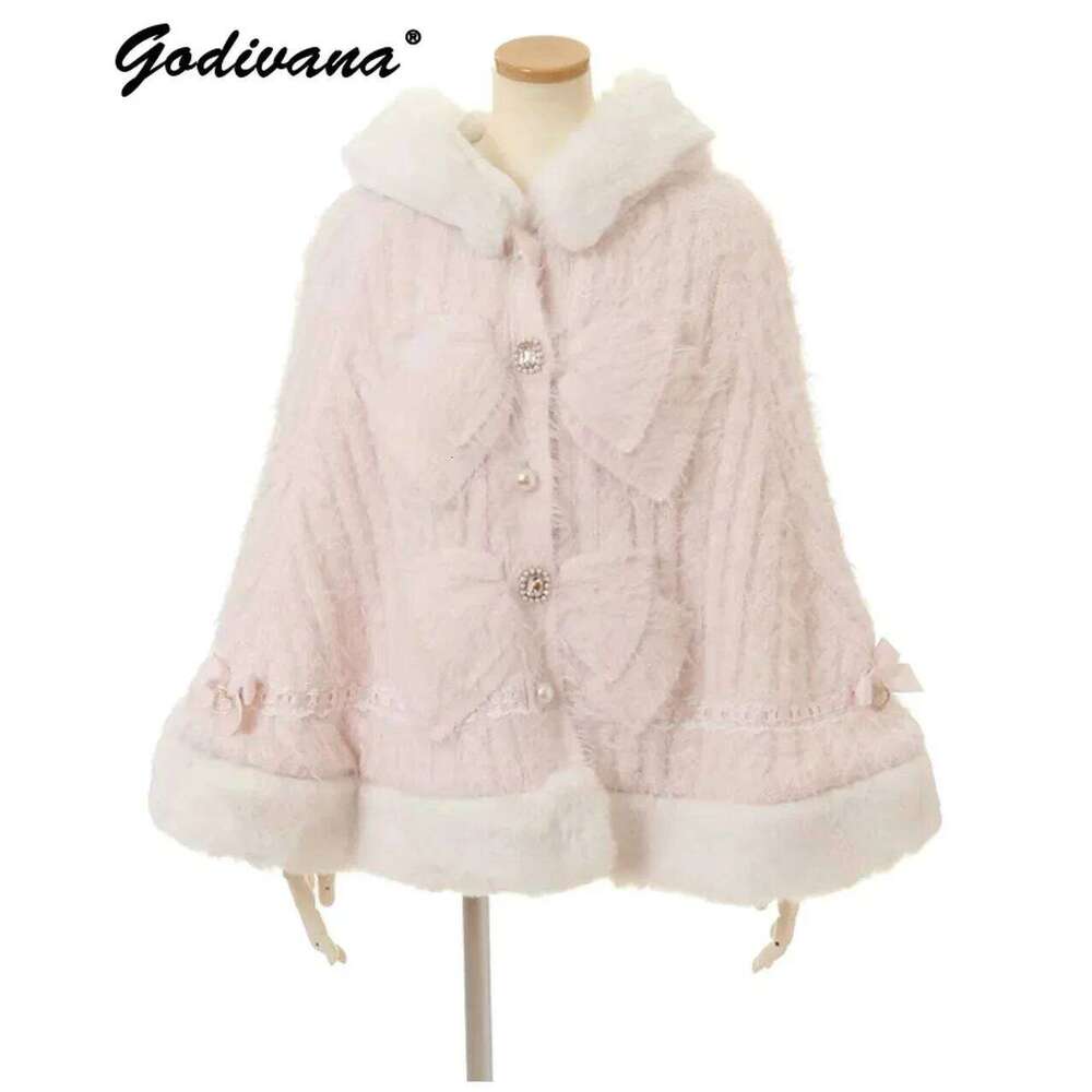 Designer niche Japanese sweet soft thick women double large ribbon hooded knitted cape color autumn and winter poncho thermal jacket