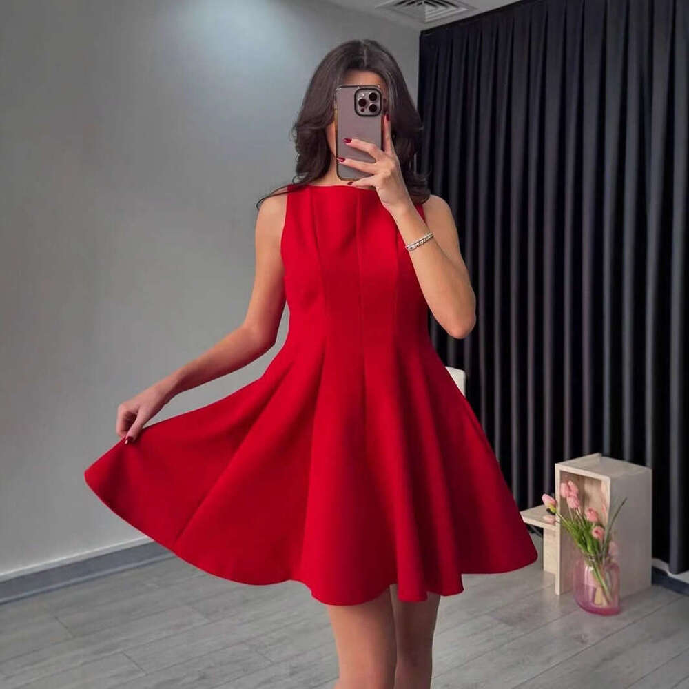 Hot-Selling Women's Waist-Cinching Boat Neck Sleeveless Wide Hem Mini Dress B5