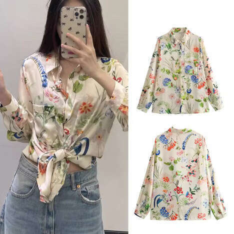 TRAFZA Summer New Women's Fresh And Elegant Turn-Down Collar Floral Long Sleeve Shirt B5